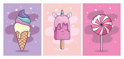 lindo unicornio helado kawaii con lindos íconos vector