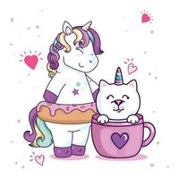 lindo unicornio con gato unicornio en taza vector