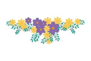 cute flowers yellow and purple with leafs vector
