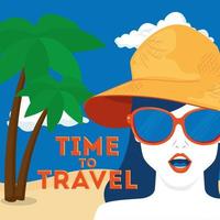 time travel poster with woman and tree palms vector