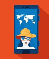 smartphone with woman in screen and app travel vector