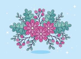 cute flowers with leafs decoration vector