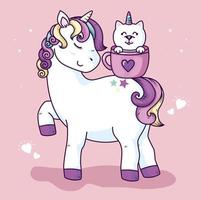 lindo unicornio con gato unicornio en taza vector