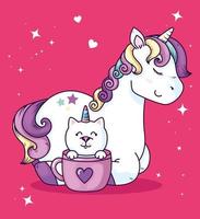 lindo unicornio con gato unicornio en taza vector