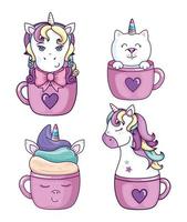 set designs of unicorns and cute icons vector