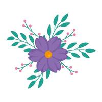 cute flower purple color with branches and leafs vector