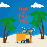 cartel de viaje en el tiempo con iconos de verano en la playa vector