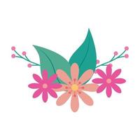 cute flowers pink color with leafs vector