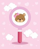 face of cute teddy bear female in magnifying glass vector