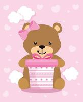 linda hembra de oso con caja de regalo rosa y decoración de nubes vector