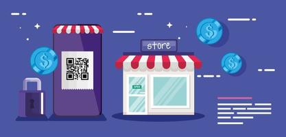 qr code smartphone store padlock and coins vector design