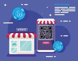 qr code smartphone store and coins vector design