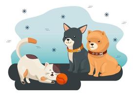 Grupo de lindos perros y gatos con juguetes de bolas. vector