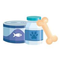 bottle dog medicine with bone toy and food fish in can vector