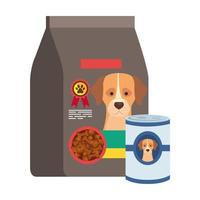 Lata y bolsa de comida para perro icono aislado vector