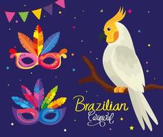 poster of carnival brazilian with parrot and masks vector