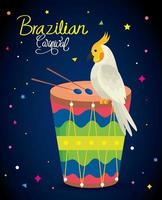 poster of carnival brazilian with parrot and drum vector