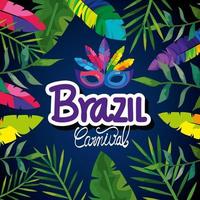 cartel de carnaval de brasil con máscara de carnaval y hojas tropicales vector