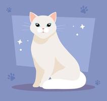 lindo gato blanco en el fondo con huellas de patas vector