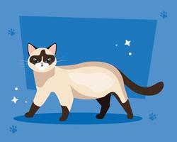 lindo gato en fondo azul con huellas de patas vector