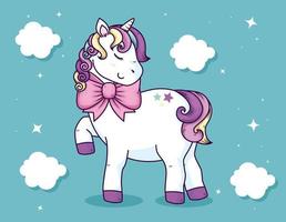 lindo unicornio con lazo de cinta y decoración de nubes vector