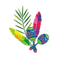 maracas con plumas exóticas y hojas tropicales. vector