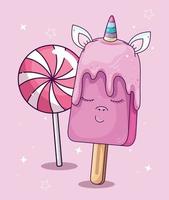 lindo unicornio helado kawaii con piruleta vector