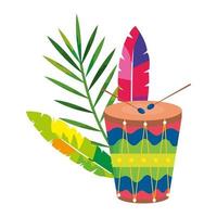drum with exotic feathers and tropical leaf vector