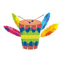 Instrumento de tambor musical con plumas exóticas. vector