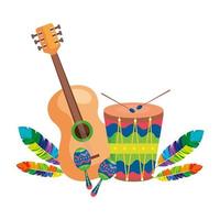 Guitarra con tambor y maracas icono aislado vector