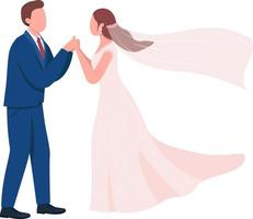 felices recién casados toman de la mano personajes vectoriales de color semi plano vector