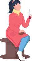 Girl sitting with hot drink semi flat color vector character