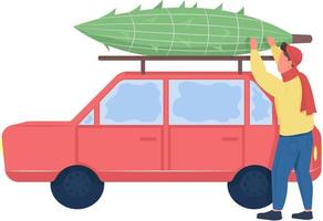 Man secures tree on car semi flat color vector character