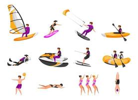 Extreme water sport flat vector illustrations set. Surfing, canoeing, kayaking. Scuba diving. Water-skiing sportsman. Synchronized swimming athletes. Sports people isolated cartoon characters