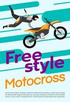 Freestyle motocross poster vector template. Extreme sport. Brochure, cover, booklet page concept design with flat illustrations. Motorcycle stunts. Advertising flyer, leaflet, banner layout idea