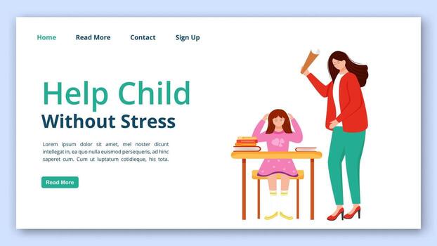Help child without stress landing page vector template. Trouble relationship website interface idea with flat illustrations. Teacher, parent scolding pupil homepage layout, webpage cartoon concept