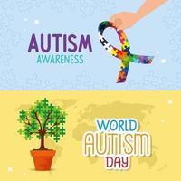 set poster of world autism day with decoration vector