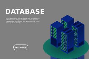 sala de servidores isométrica, datos de almacenamiento en la nube, centro de datos, procesamiento de big data y tecnología informática vector