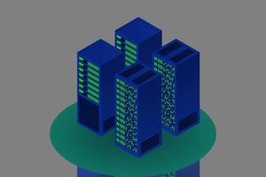 sala de servidores isométrica, datos de almacenamiento en la nube, centro de datos, procesamiento de big data y tecnología informática vector