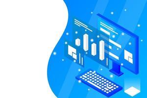 Data analysis in isometric vector design. Technician in datacenter or data center room background. Network mainframe infrastructure website layout