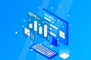 Data analysis in isometric vector design. Technician in datacenter or data center room background. Network mainframe infrastructure website layout