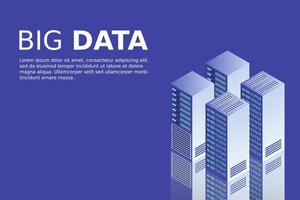 sala de servidores isométrica, datos de almacenamiento en la nube, centro de datos, procesamiento de big data y tecnología informática vector