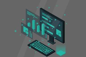 Data analysis in isometric vector design. Technician in datacenter or data center room background. Network mainframe infrastructure website layout