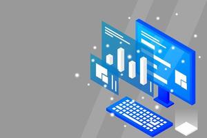 Data analysis in isometric vector design. Technician in datacenter or data center room background. Network mainframe infrastructure website layout