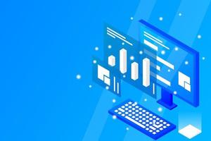 Data analysis in isometric vector design. Technician in datacenter or data center room background. Network mainframe infrastructure website layout