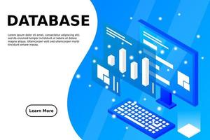 análisis de datos en diseño vectorial isométrico. técnico en el fondo de la sala del centro de datos o del centro de datos. diseño de sitio web de infraestructura de mainframe de red vector