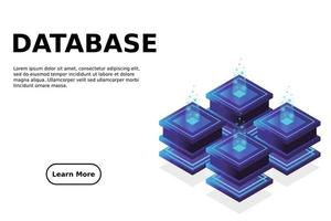 sala de servidores isométrica, datos de almacenamiento en la nube, centro de datos, procesamiento de big data y tecnología informática vector