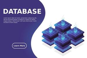 sala de servidores isométrica, datos de almacenamiento en la nube, centro de datos, procesamiento de big data y tecnología informática vector