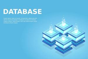 sala de servidores isométrica, datos de almacenamiento en la nube, centro de datos, procesamiento de big data y tecnología informática vector