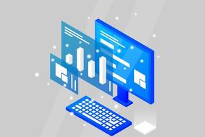 Data analysis in isometric vector design. Technician in datacenter or data center room background. Network mainframe infrastructure website layout